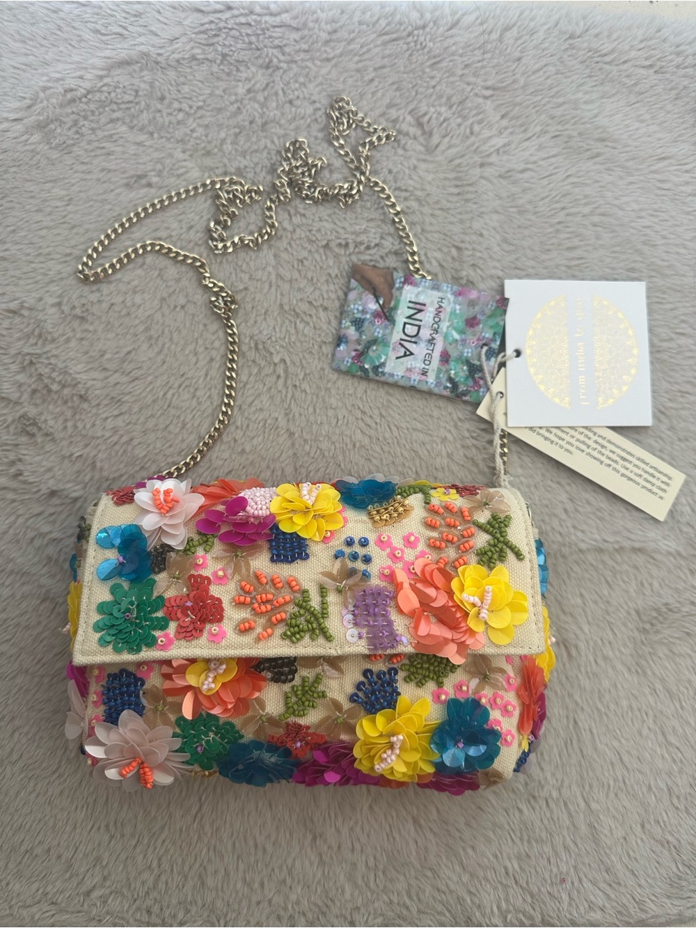 Handcrafted In India Colorful Multicolor Floral Sequin Beaded Crossbody Bag